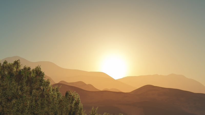 3D render of a tree and mountain landscape against a sunset sky